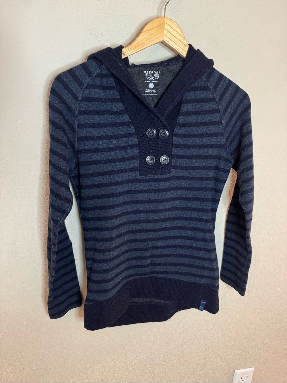 Mountain Hardwear Navy Striped Hooded Wool Blend Sweater Pullover Small